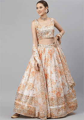 White Floral Print Zari Sequin Embroidered Organza Lehenga Set