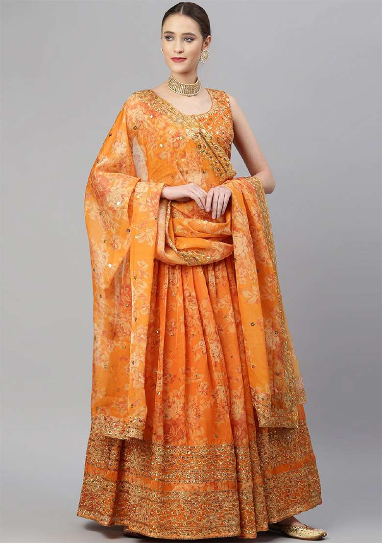 Orange Zari Organza Lehenga Set with Floral Print & Embroidered for Diwali | Wedding & Festive Wear - Indya