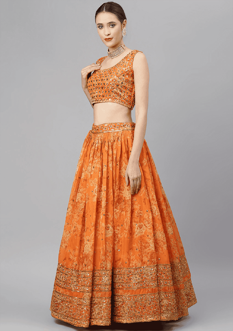 Orange Zari Organza Lehenga Set with Floral Print & Embroidered for Diwali | Wedding & Festive Wear - Indya
