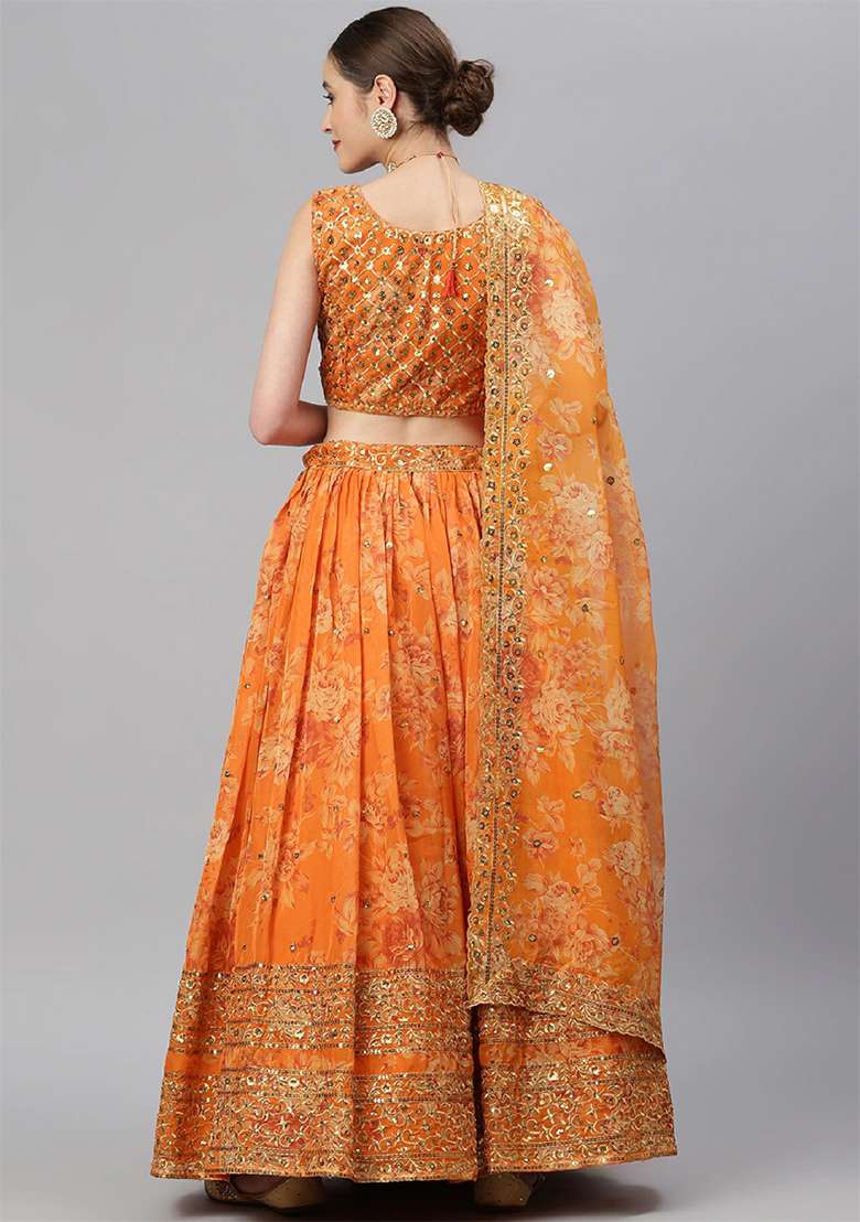 Orange Zari Organza Lehenga Set with Floral Print & Embroidered for Diwali | Wedding & Festive Wear - Indya