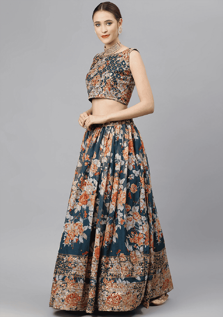Dove Blue Floral Print Zari Sequin Embroidered Organza Lehenga Set for Diwali and Festive Wear - Indya