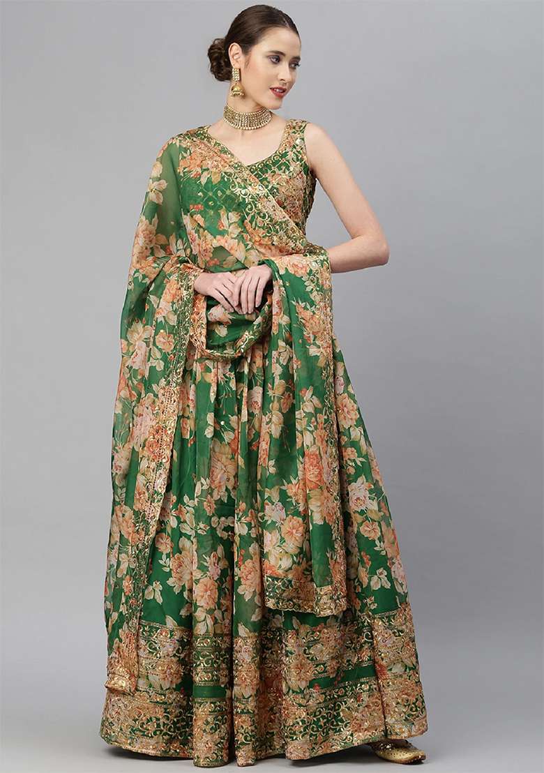 Green Floral Print Zari Sequin Embroidered Organza Lehenga Set for Diwali and Festive Wear - Indya