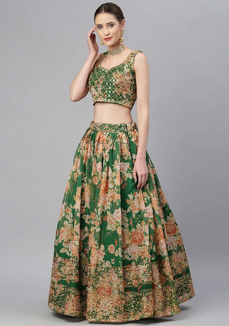 Green Floral Print Zari Sequin Embroidered Organza Lehenga Set for Diwali and Festive Wear - Indya