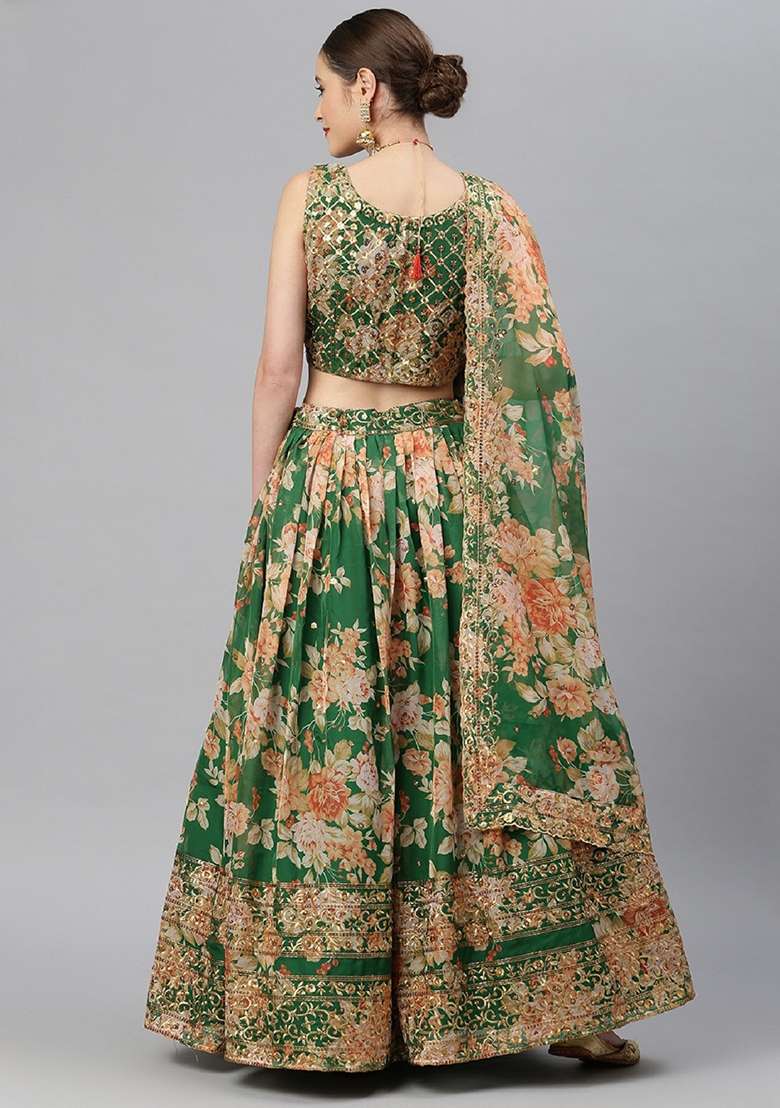 Green Floral Print Zari Sequin Embroidered Organza Lehenga Set for Diwali and Festive Wear - Indya