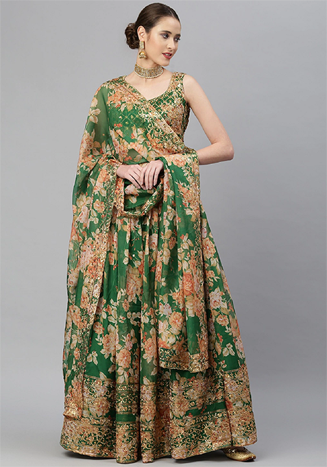 Green Floral Print Zari Sequin Embroidered Organza Lehenga Set