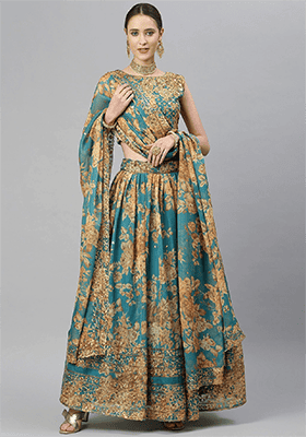 Teal Blue Blue Floral Print Zari Sequin Embroidered Organza Lehenga Set