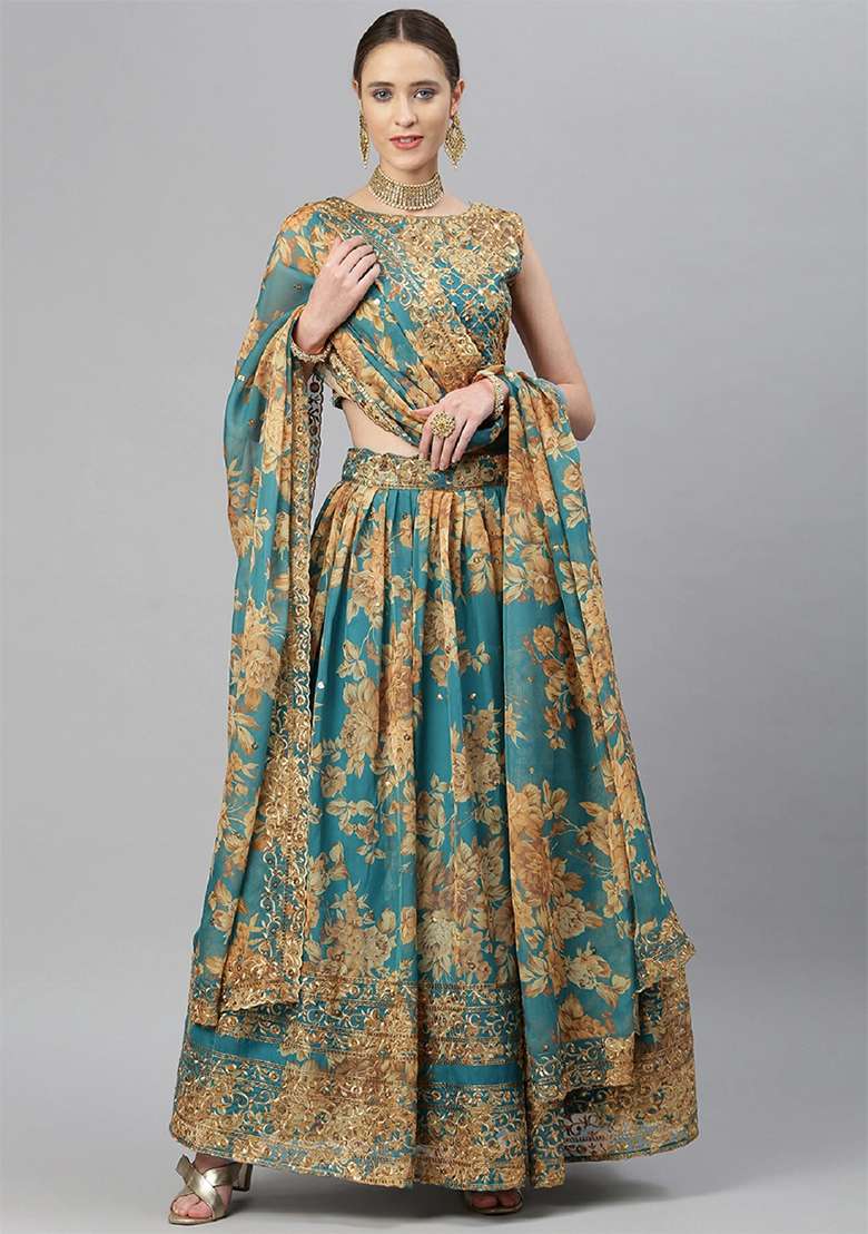 Teal Blue Blue Zari Organza Lehenga Set with Floral Print & Embroidered for Diwali | Wedding & Festive Wear - Indya