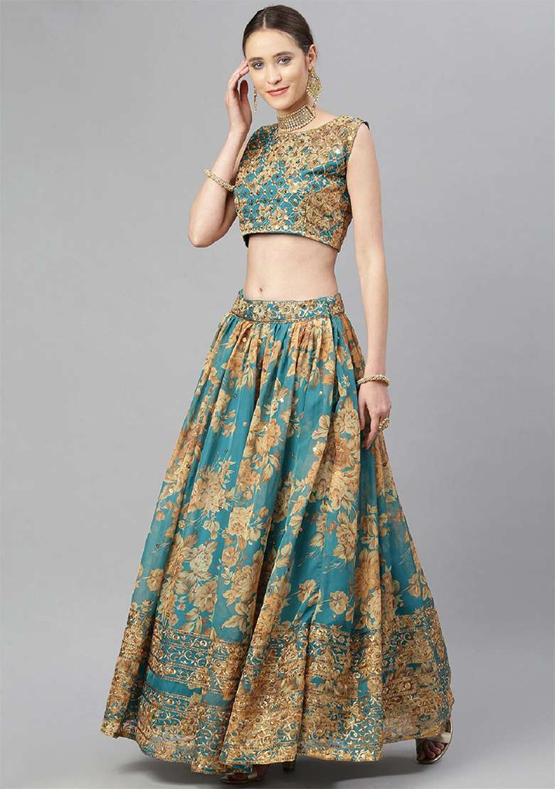 Teal Blue Blue Zari Organza Lehenga Set with Floral Print & Embroidered for Diwali | Wedding & Festive Wear - Indya