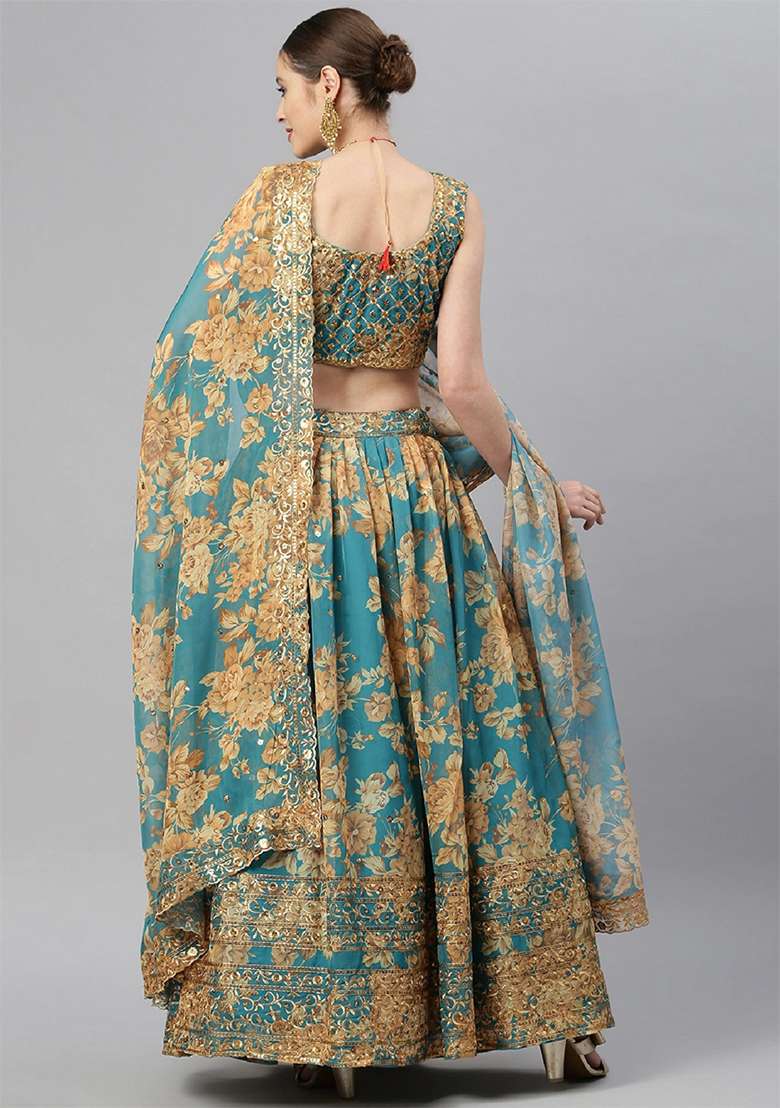 Teal Blue Blue Zari Organza Lehenga Set with Floral Print & Embroidered for Diwali | Wedding & Festive Wear - Indya