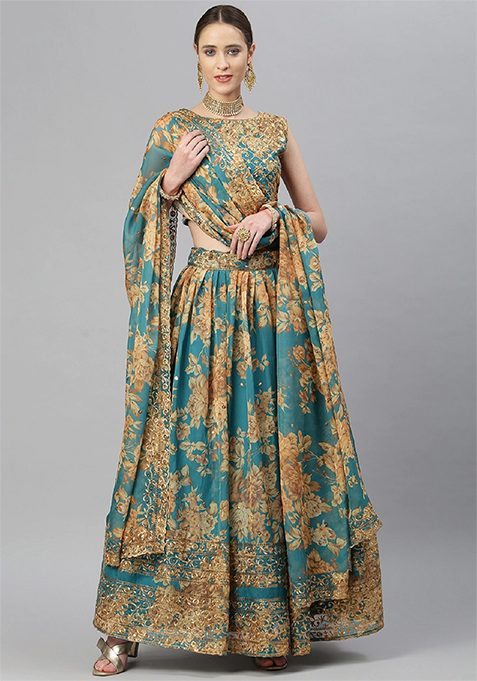 Teal Blue Blue Floral Print Zari Sequin Embroidered Organza Lehenga Set