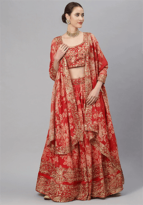 Red Floral Print Zari Sequin Embroidered Organza Lehenga Set