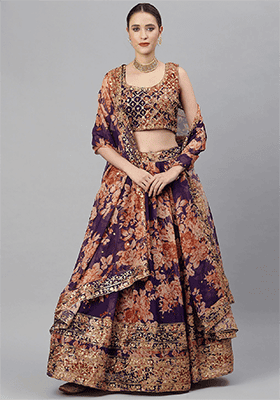 Purple Floral Print Zari Sequin Embroidered Organza Lehenga Set