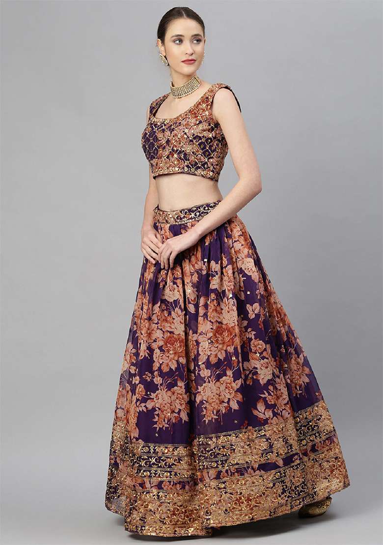 Purple Zari Organza Lehenga Set with Floral Print & Embroidered for Diwali | Wedding & Festive Wear - Indya