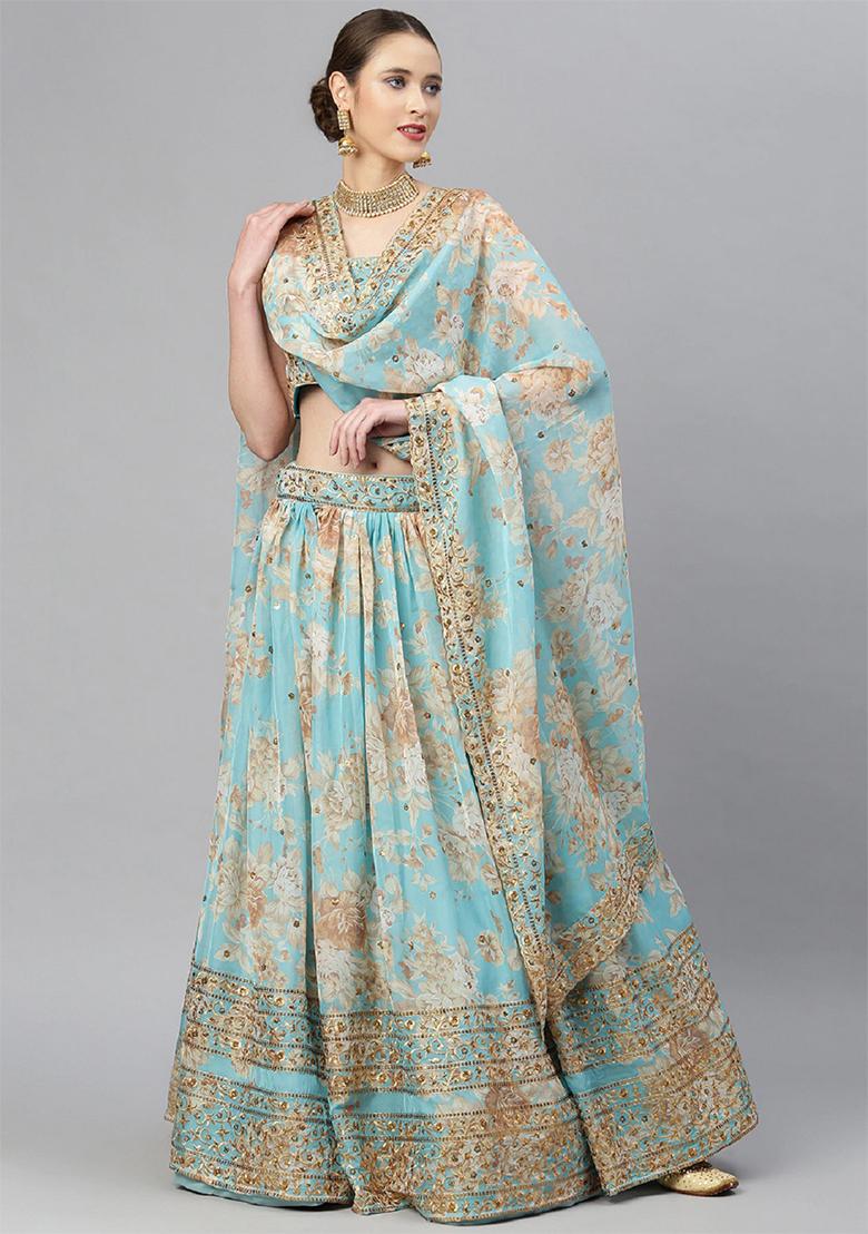 Sky Blue Floral Print Zari Sequin Embroidered Organza Lehenga Set