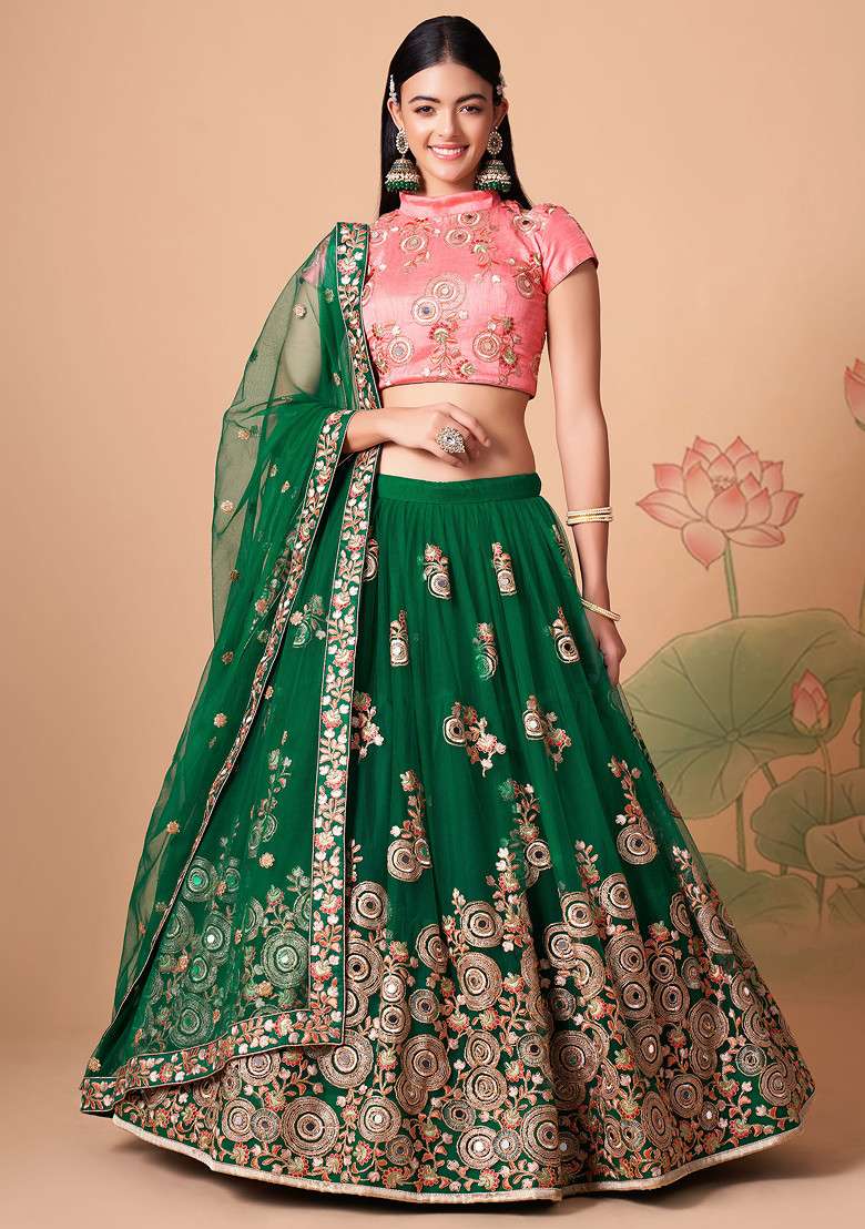 Green And Peach Soft Net Lehenga Set with Mirror Work for Diwali | Wedding & Festive Wear - Indya