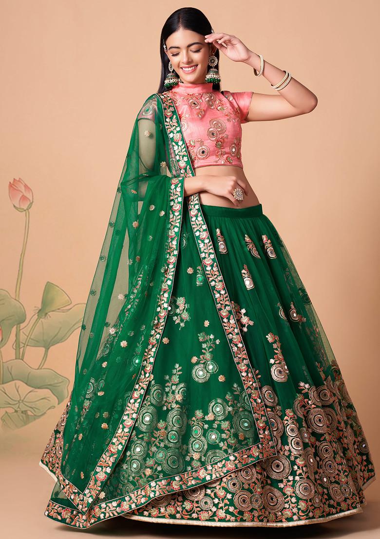 Green And Peach Mirror Work Soft Net Lehenga Set