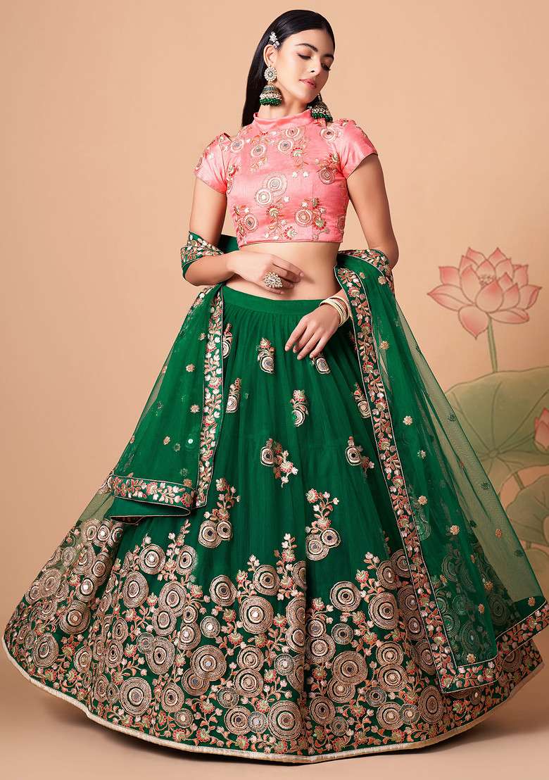Green And Peach Soft Net Lehenga Set with Mirror Work for Diwali | Wedding & Festive Wear - Indya