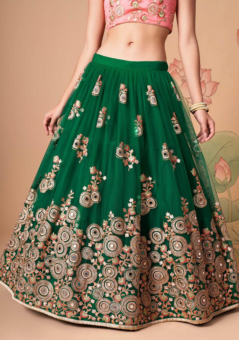 Green And Peach Mirror Work Soft Net Lehenga Set