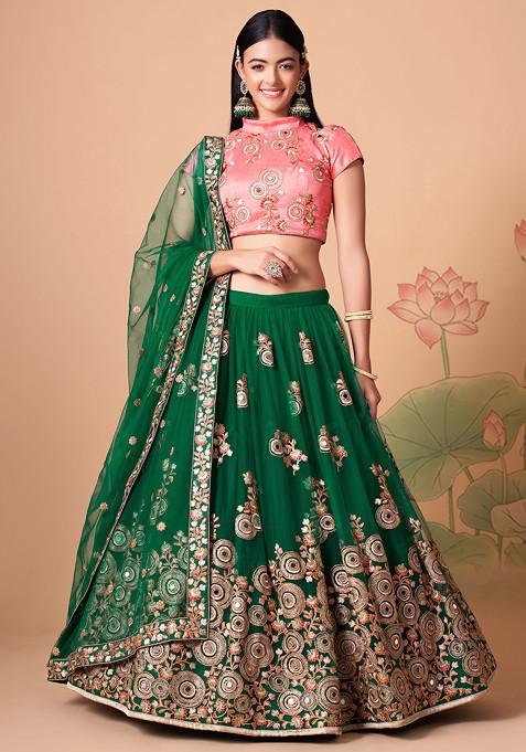 Green And Peach Mirror Work Soft Net Lehenga Set