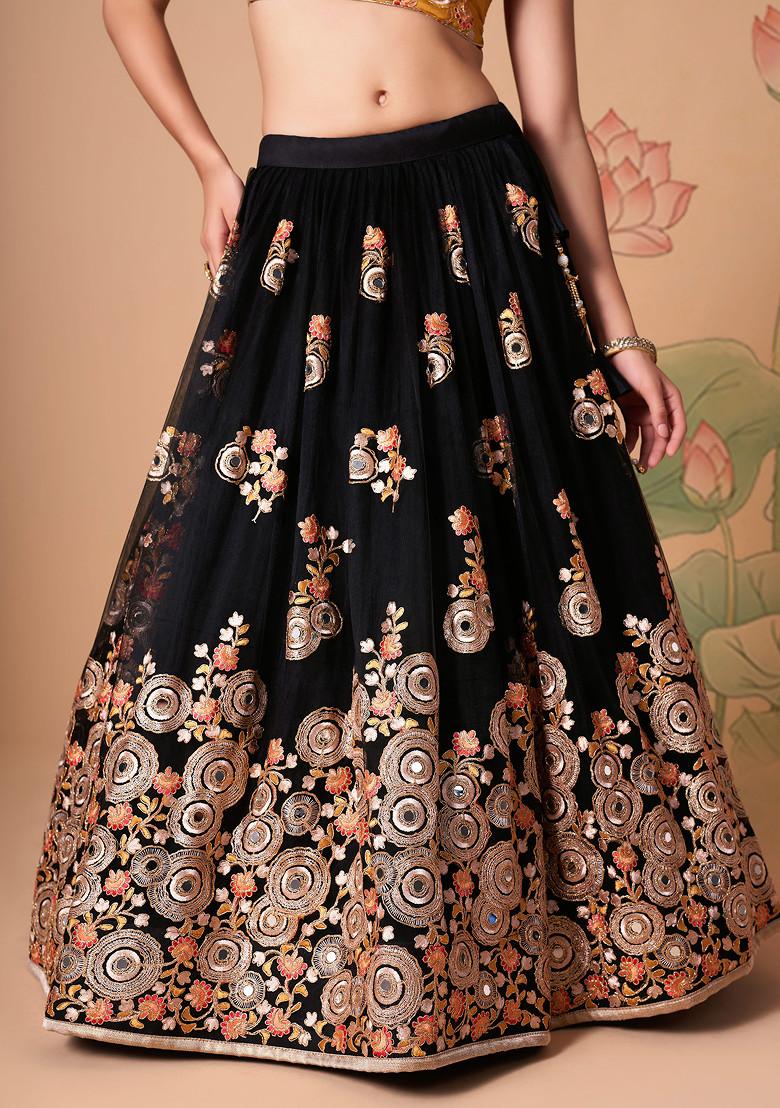 Black And Yellow Mirror Work Soft Net Lehenga Set - Indya