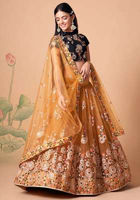Gold And Black Soft Net Lehenga Set with Mirror Work for Diwali | Wedding & Festive Wear