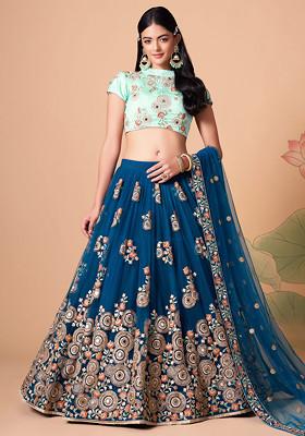 Dove Blue Mirror Work Soft Net Lehenga Set