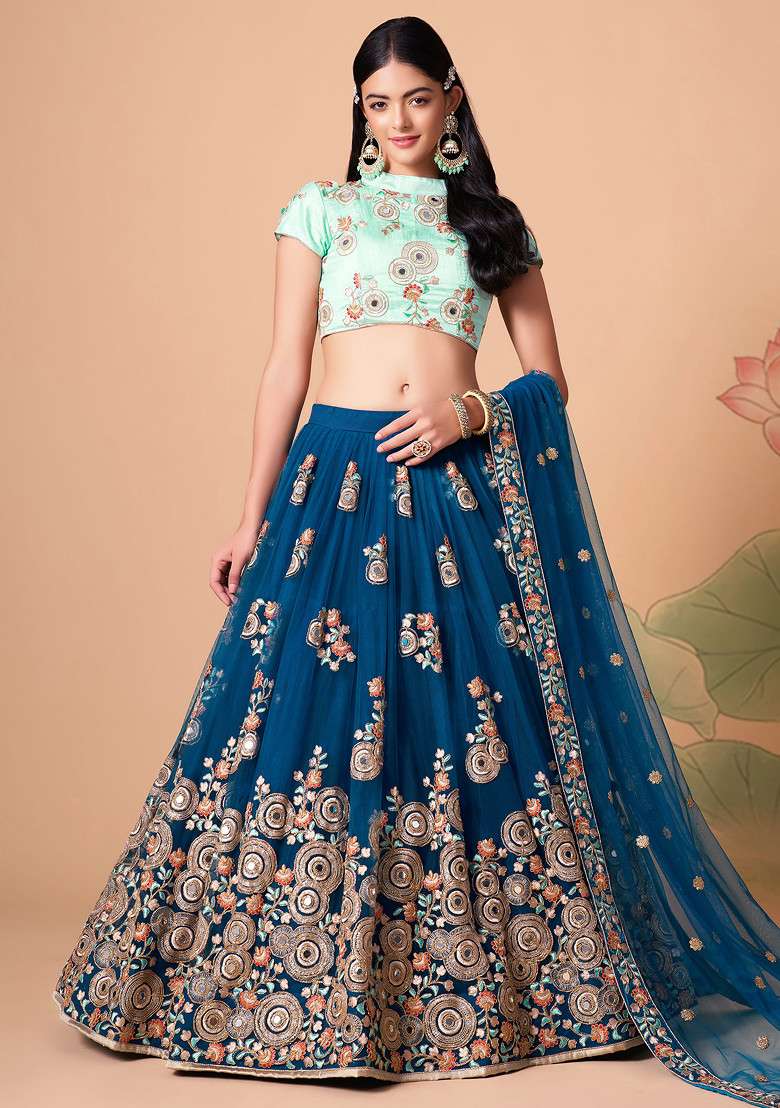 Dove Blue Soft Net Lehenga Set with Mirror Work for Diwali | Wedding & Festive Wear - Indya