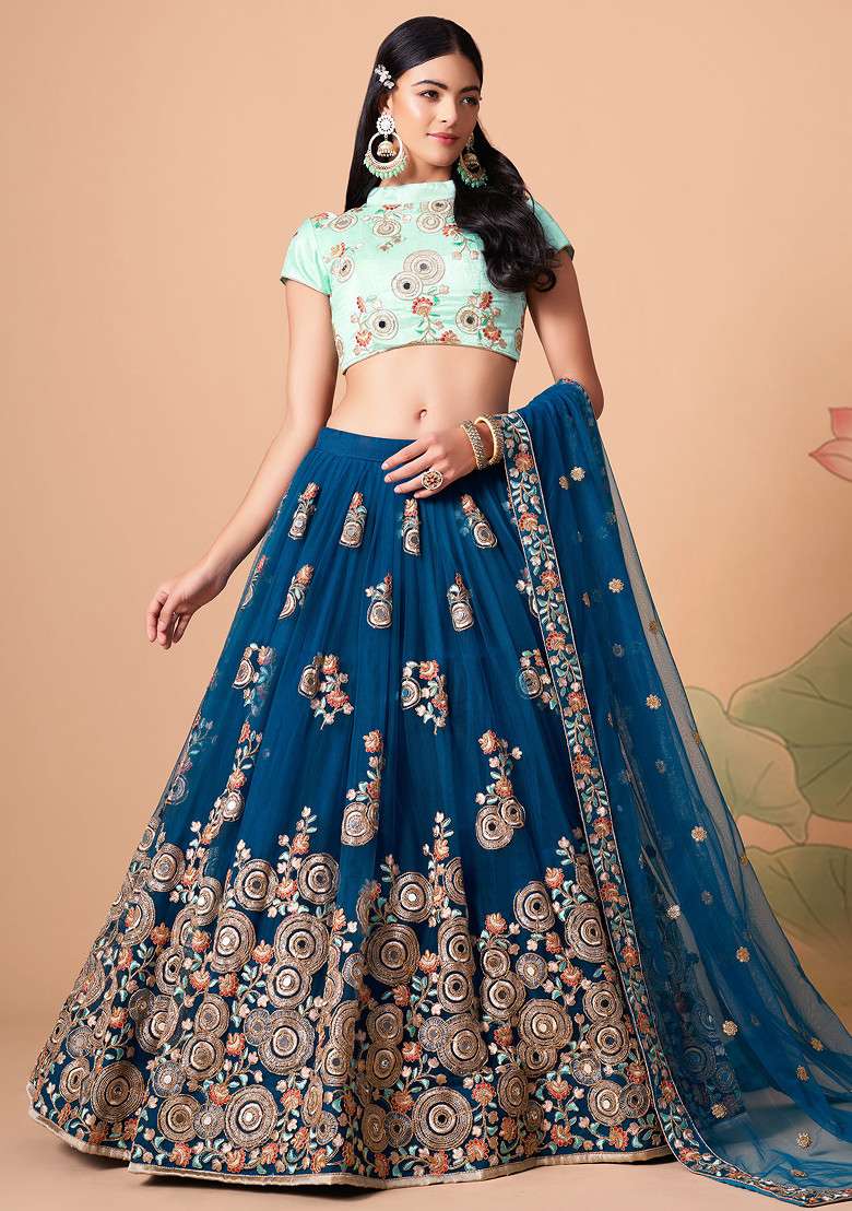 Dove Blue Soft Net Lehenga Set with Mirror Work for Diwali | Wedding & Festive Wear - Indya