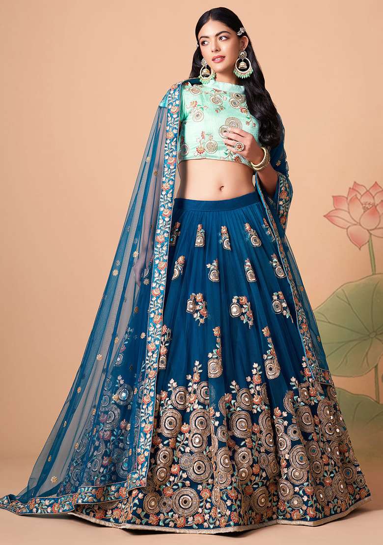 Dove Blue Soft Net Lehenga Set with Mirror Work for Diwali | Wedding & Festive Wear - Indya