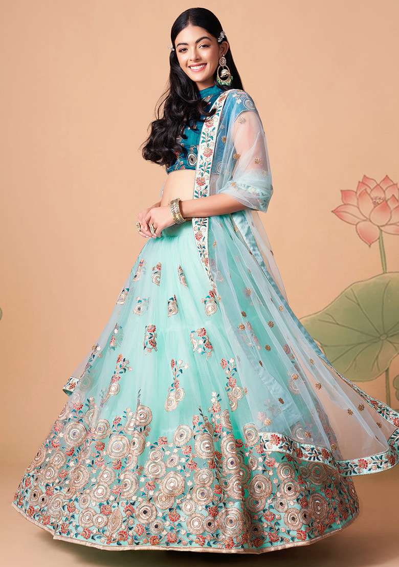 Sky Blue Soft Net Lehenga Set with Mirror Work for Diwali | Wedding & Festive Wear - Indya