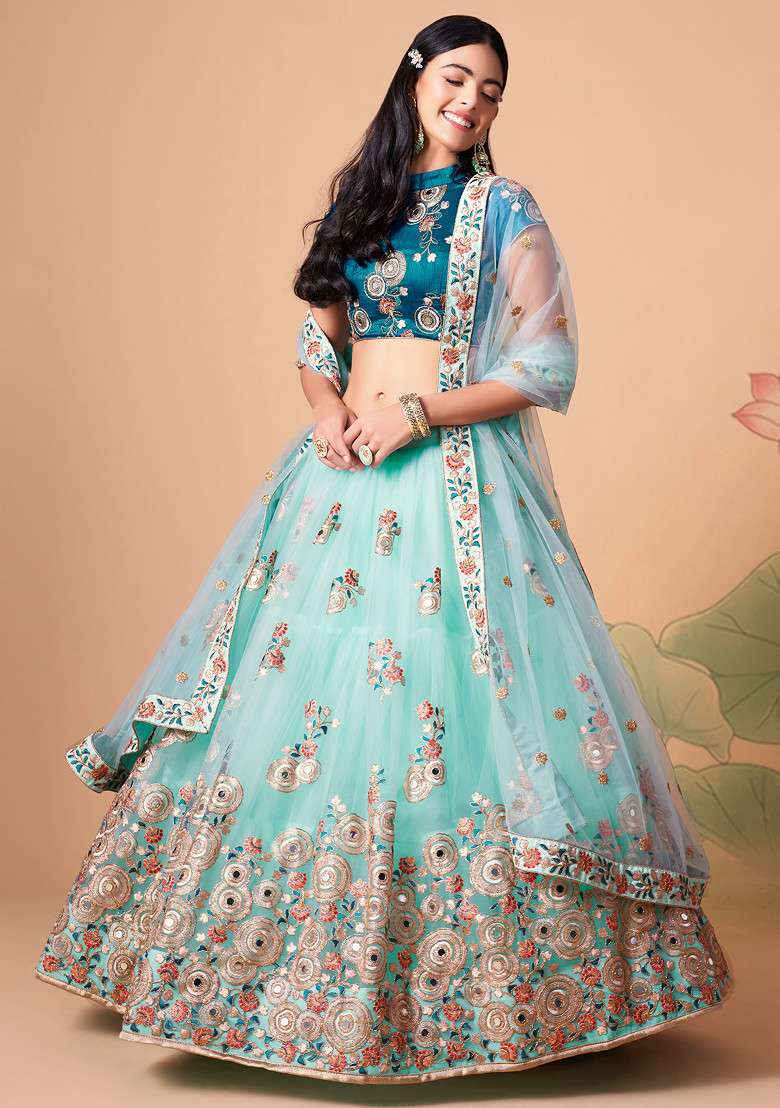 Sky Blue Soft Net Lehenga Set with Mirror Work for Diwali | Wedding & Festive Wear - Indya