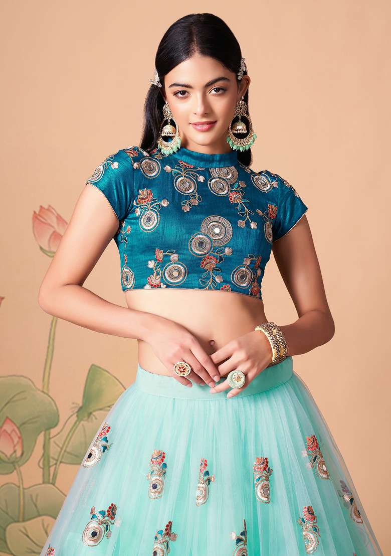 Sky Blue Soft Net Lehenga Set with Mirror Work for Diwali | Wedding & Festive Wear - Indya