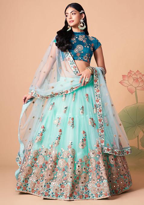 Sky Blue Mirror Work Soft Net Lehenga Set