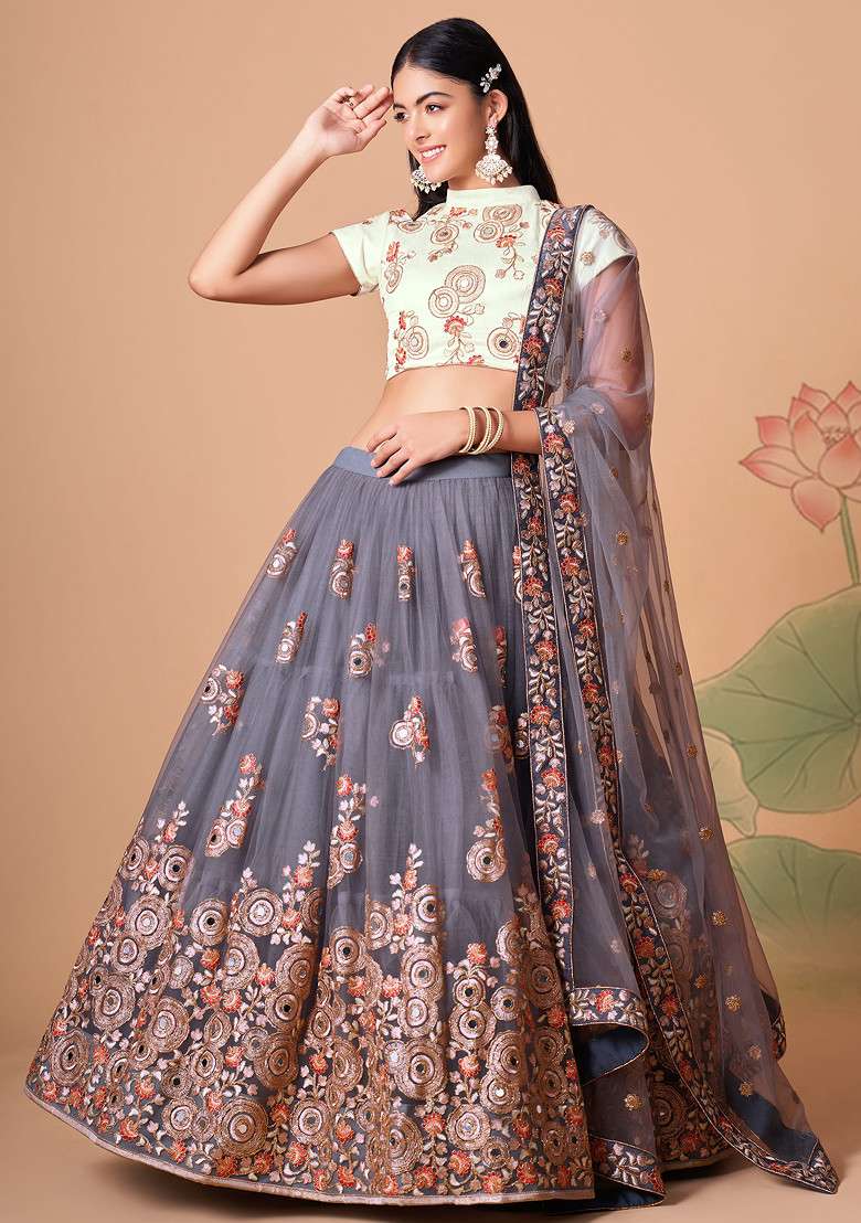 Grey Mirror Work Soft Net Lehenga Set for Diwali and Festive Wear - Indya
