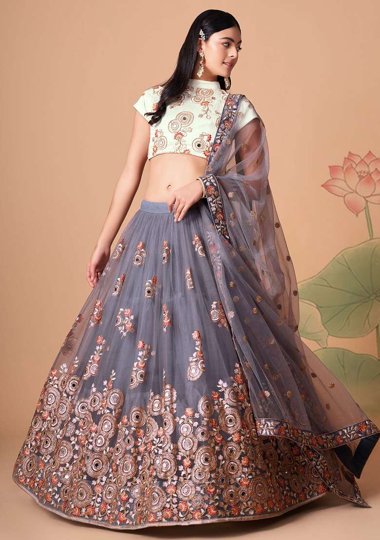 Grey Mirror Work Soft Net Lehenga Set for Diwali and Festive Wear - Indya