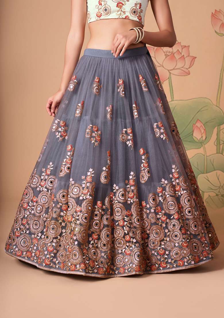 Grey Mirror Work Soft Net Lehenga Set for Diwali and Festive Wear - Indya