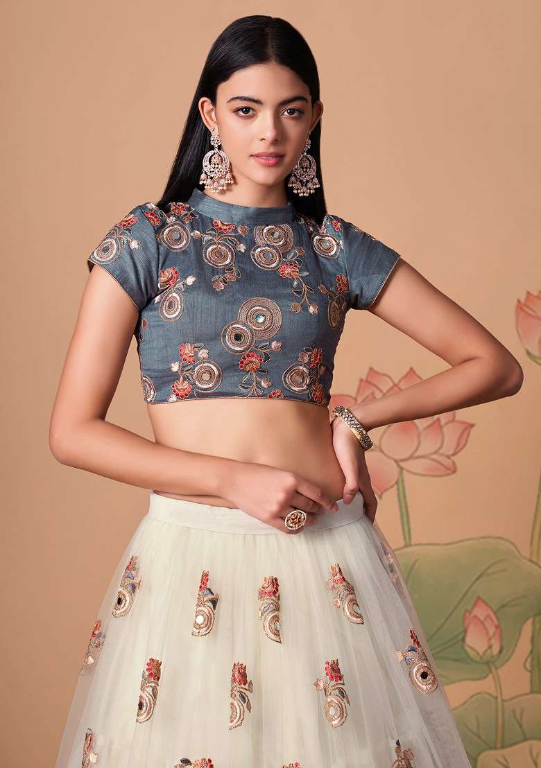 Off White Mirror Work Soft Net Lehenga Set for Diwali and Festive Wear - Indya