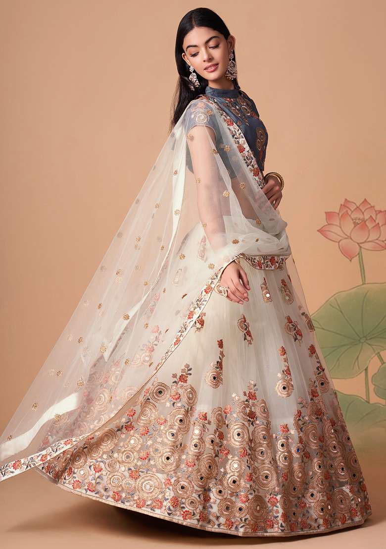 Off White Mirror Work Soft Net Lehenga Set for Diwali and Festive Wear - Indya