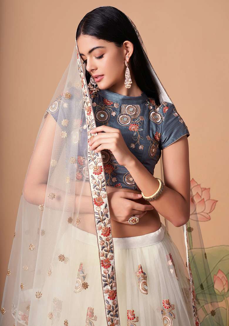 Off White Mirror Work Soft Net Lehenga Set for Diwali and Festive Wear - Indya
