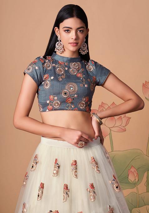 Off White Mirror Work Soft Net Lehenga Set