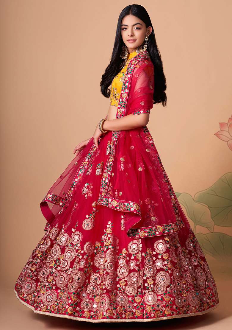 Rani Pink Mirror Work Soft Net Lehenga Set for Diwali and Festive Wear - Indya