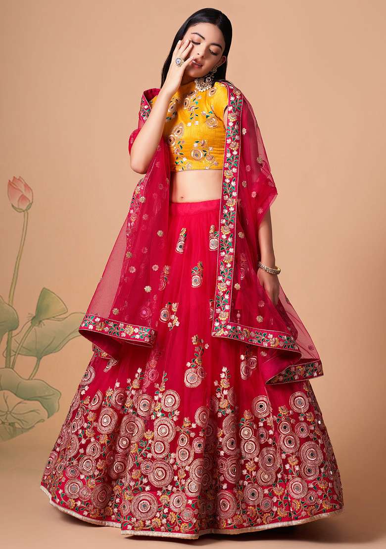 Rani Pink Mirror Work Soft Net Lehenga Set for Diwali and Festive Wear - Indya