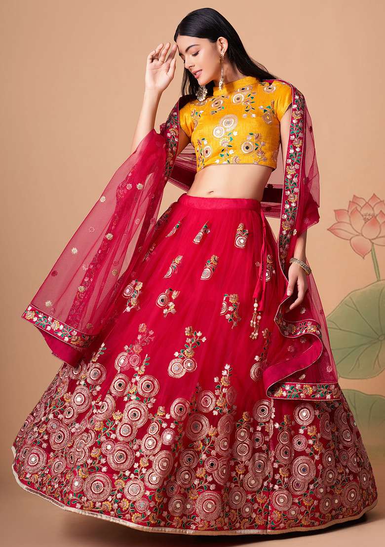 Rani Pink Mirror Work Soft Net Lehenga Set for Diwali and Festive Wear - Indya
