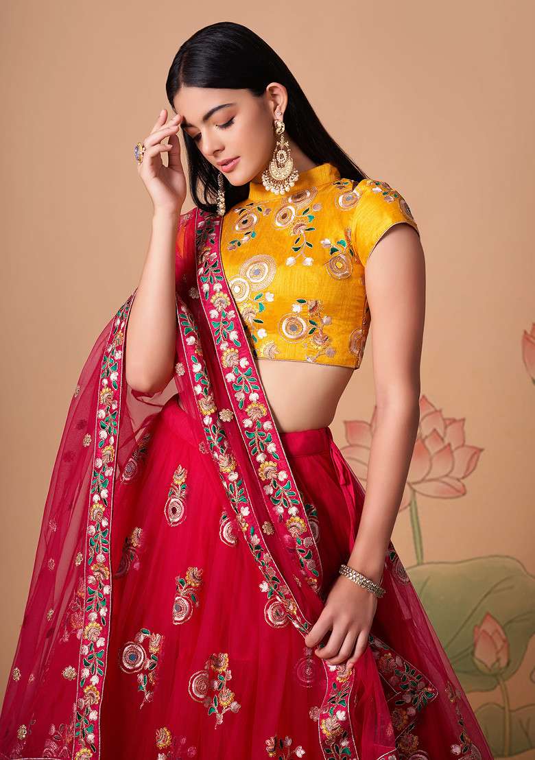 Rani Pink Mirror Work Soft Net Lehenga Set for Diwali and Festive Wear - Indya