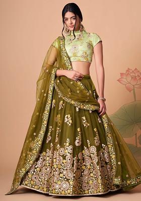 Mehndi Green Mirror Work Soft Net Lehenga Set