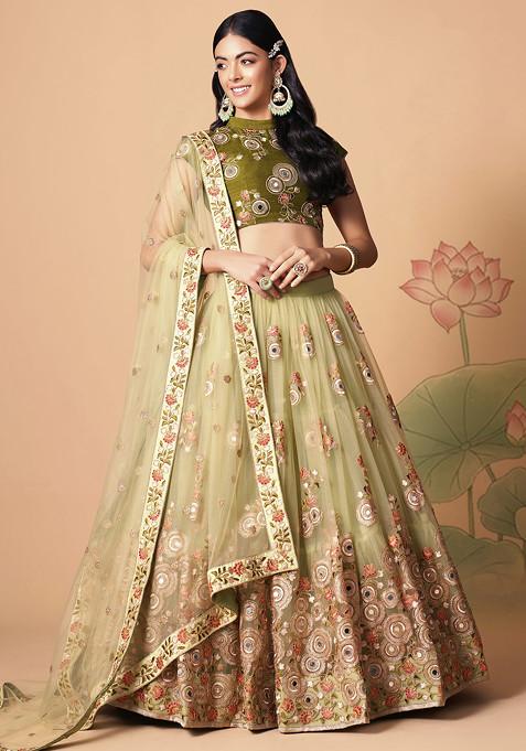 Pista Green Mirror Work Soft Net Lehenga Set