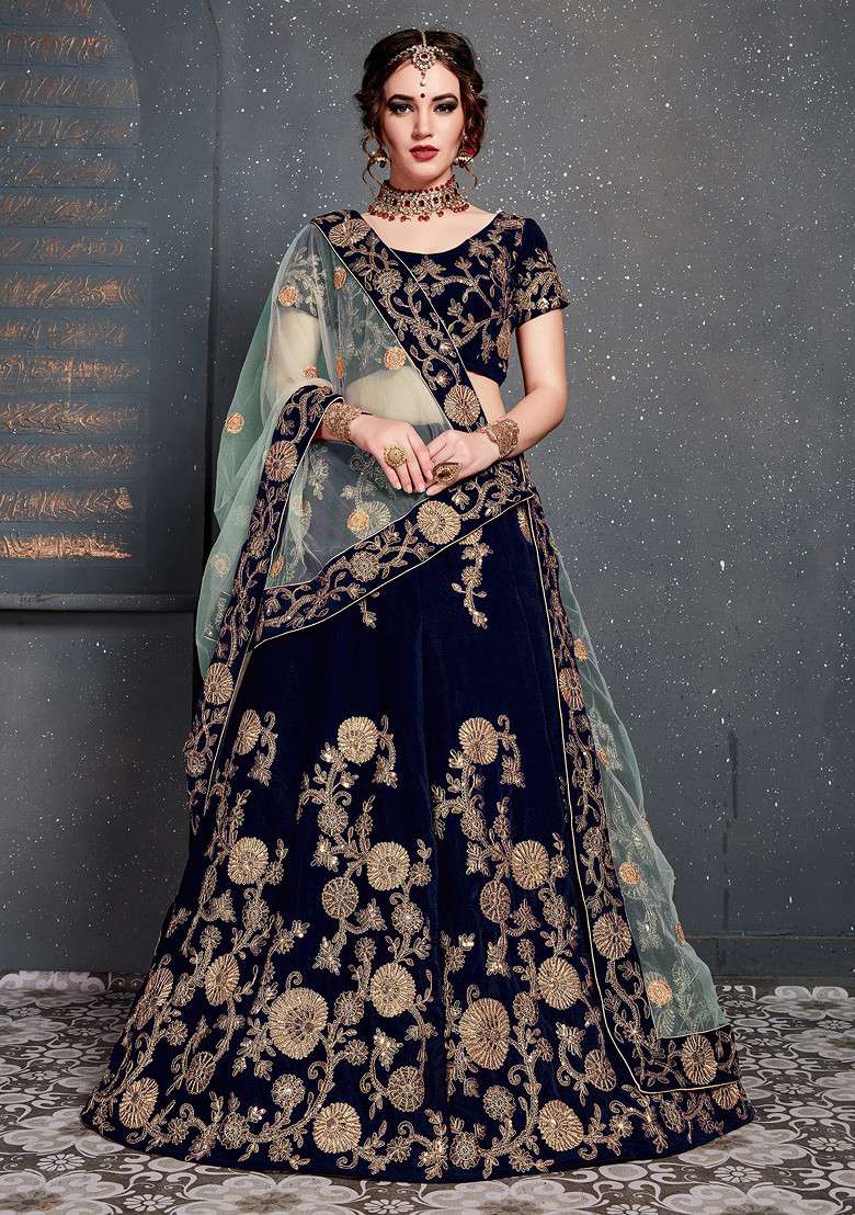 Navy Blue Zari And Velvet Lehenga Set with Embroidered & Sequin for Diwali | Wedding & Festive Wear - Indya
