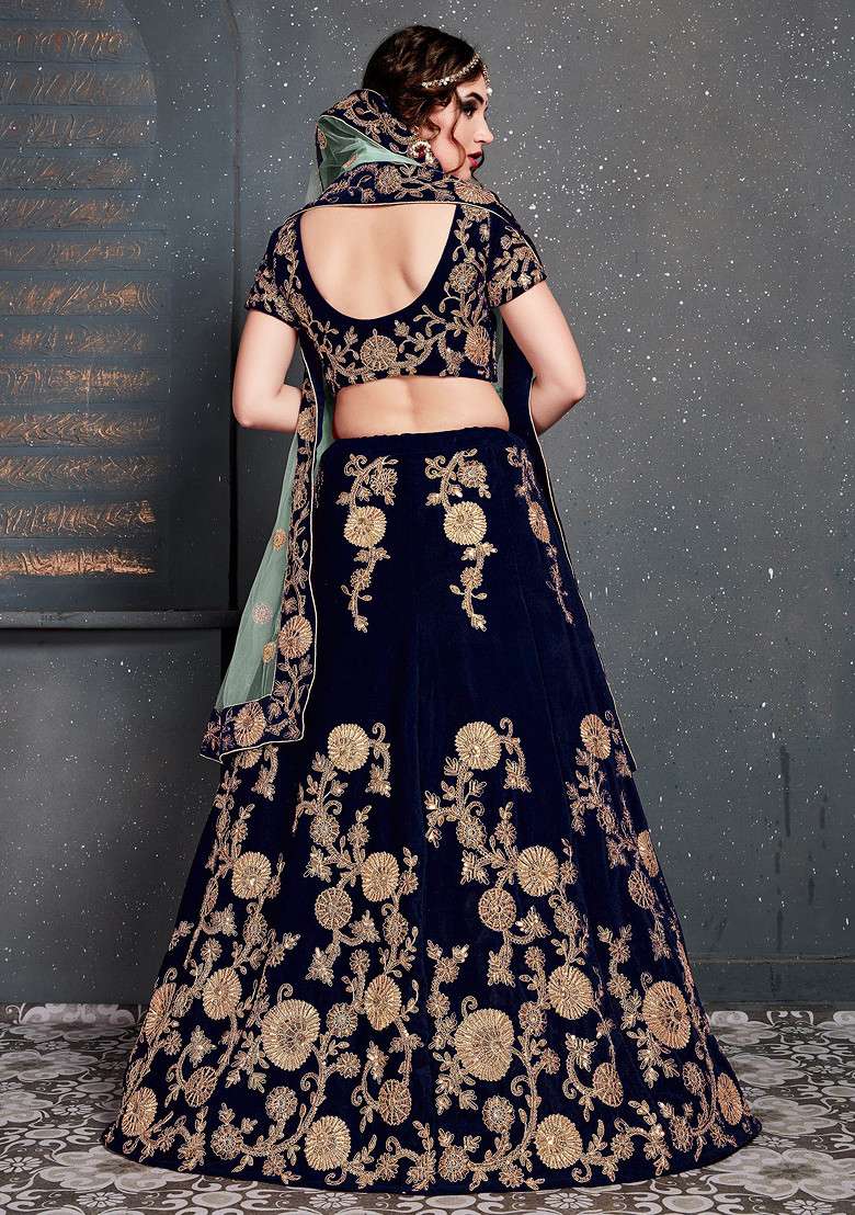 Navy Blue Zari And Velvet Lehenga Set with Embroidered & Sequin for Diwali | Wedding & Festive Wear - Indya