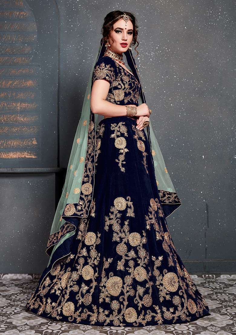 Navy Blue Zari And Velvet Lehenga Set with Embroidered & Sequin for Diwali | Wedding & Festive Wear - Indya