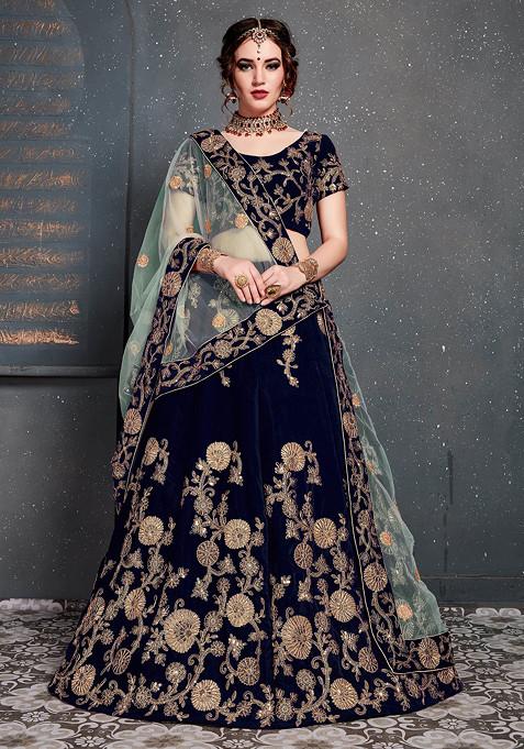 Navy Blue Zari And Sequin Embroidered Velvet Lehenga Set